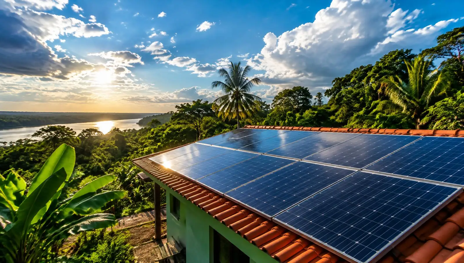Painéis solares em telhado na Amazônia